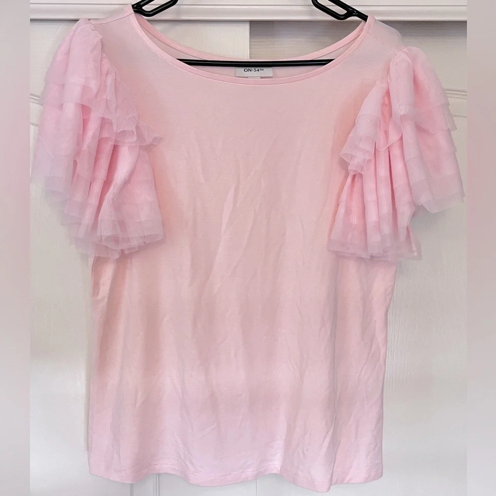 Baby Pink Tulle-Sleeve Crewneck T-Shirt - Picture 2 of 5